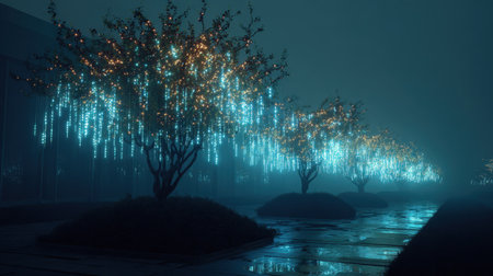 This captivating night scene showcases illuminated trees adorned with vibrant lights in a foggy atmosphere, creating a serene and magical environment.の素材