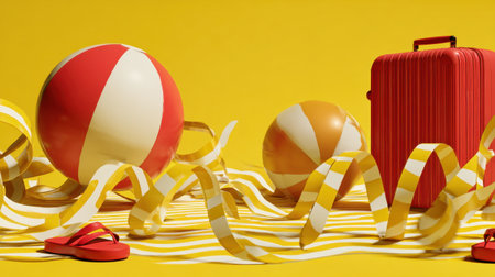 A lively beach scene showcasing bright beach balls, a red suitcase, and playful ribbons against a cheerful yellow backdrop, perfect for summer-related themes.の素材