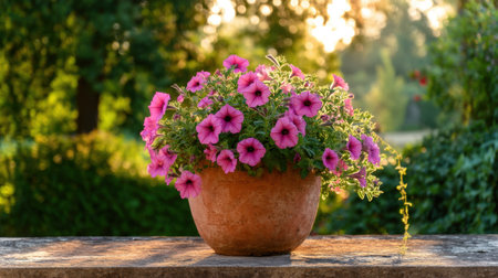 A beautiful arrangement of vibrant pink petunias in a rustic pot, showcasing nature's beauty in a tranquil garden during golden hour.の素材
