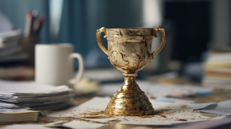 A dusty vintage trophy sits on a cluttered desk, surrounded by stacks of paperwork and a coffee mug, reflecting the essence of forgotten triumphs and nostalgia.の素材