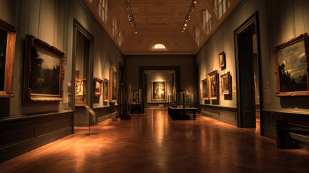 Explore the serene interior of an art gallery showcasing classic paintings. The elegant space features warm lighting and stunning architecture, inviting admiration.の素材