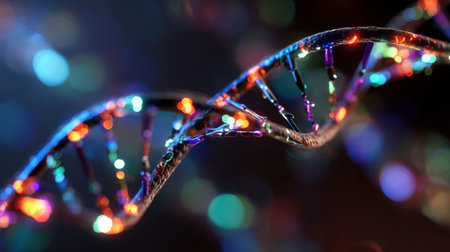 This stunning image showcases a colorful DNA strand illuminated with vibrant lights against a dark background, representing the essence of genetics and scientific exploration.の素材