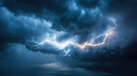 A striking view of a lightning bolt cutting through dark storm clouds in a nighttime sky, showcasing nature's power and beauty in a breathtaking display.の素材
