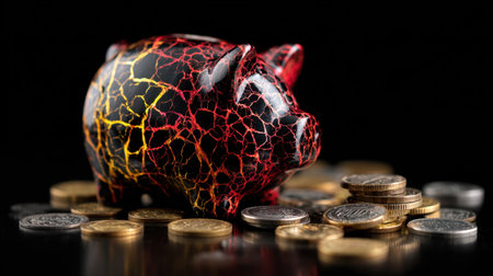 A vibrant piggy bank with a unique cracked design sits amid a pile of various coins, symbolizing savings and financial growth.の素材