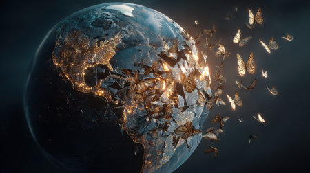An enchanting visualization of a planet undergoing transformation, featuring glowing fragments and graceful butterflies, symbolizing beauty and change in a serene nightscape.の素材