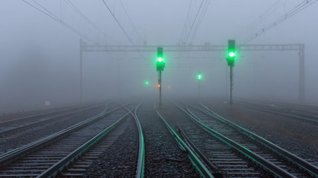 A captivating scene of railway tracks veiled in thick fog, showcasing vibrant green signal lights that guide the way. Ideal for themes of transportation.の素材