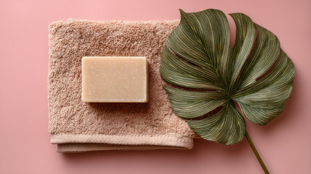 A soft pink towel, a natural soap bar, and a large green leaf are beautifully arranged, creating a tranquil setting for relaxation and pampering.の素材