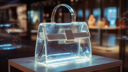This striking transparent handbag is displayed in a modern retail space, showcasing its unique design and contemporary aesthetic through stylish lighting.の素材