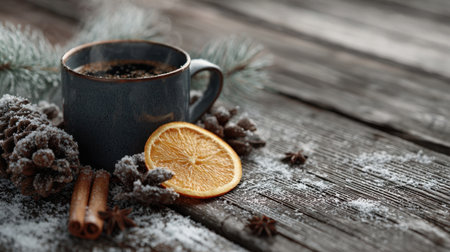 A cozy winter scene showcasing a cup of coffee beside a slice of orange, cinnamon sticks, and pine cones on a snowy wooden table.の素材