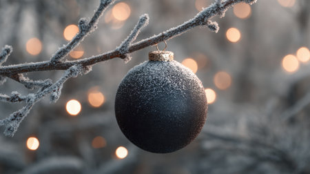 A striking black Christmas ornament hangs delicately from a snow-covered branch, surrounded by a soft bokeh of warm, glowing lights.の素材