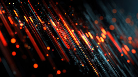 Captivating abstract background featuring bright lines and sparkling bokeh effect in dynamic fiery red and orange tones, ideal for digital projects.の素材