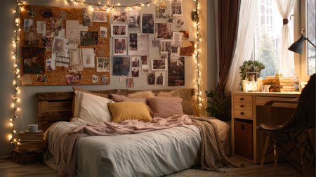 This cozy bedroom features warm decor with fairy lights, a photo wall, and inviting textiles, creating a perfect ambiance for relaxation and creativity.の素材