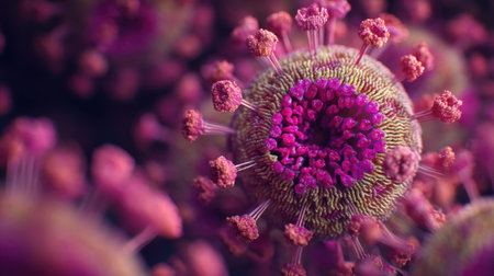 This image presents a striking microscopic view of a virus, showcasing its intricate structure and unique protein spikes, ideal for educational and scientific contexts.の素材