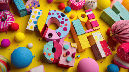 A vibrant arrangement of colorful wooden letters alongside playful objects on a bright yellow surface, perfect for creative projects and cheerful decorations.の素材