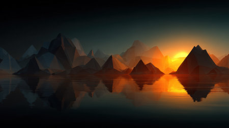 This artwork captures an abstract landscape featuring sharp mountain peaks reflecting on water, illuminated by a warm sunset glow.の素材