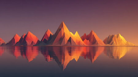 A stunning landscape showcasing geometric mountains under a vibrant sunset sky in shades of orange and purple, reflecting in calm water, evoking serenity.の素材