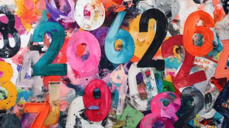 This vibrant abstract background features a dynamic display of multicolored numbers, offering an engaging visual element for creative projects.の素材