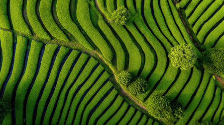 Captivating aerial view of lush green rice terraces showcasing intricate wavy patterns under a bright blue sky, highlighting serene agricultural beauty.の素材
