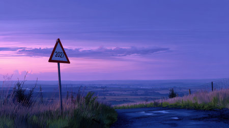 This serene landscape showcases a winding rural road at dusk, featuring a warning sign indicating the year 2021 against a stunning purple sky.の素材