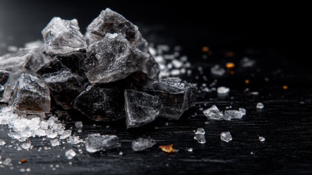 A striking arrangement of raw mineral crystals against a dark surface, highlighting the unique textures and natural beauty of salt and minerals in soft lighting.の素材