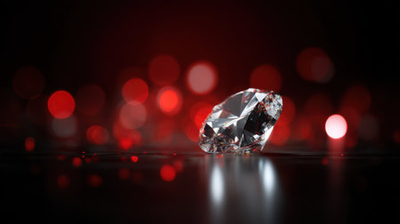 A stunning diamond gemstone reflecting light on a glossy surface, enhanced by beautiful red bokeh lights, creating a luxurious and elegant ambiance.の素材
