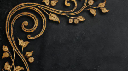 This stunning composition features an elegant gold floral design with swirling vines and leaves against a textured dark background, ideal for design projects.の素材