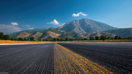 A breathtaking view showcasing a smooth road stretching towards a majestic mountain under a bright blue sky, inviting exploration and adventure.の素材
