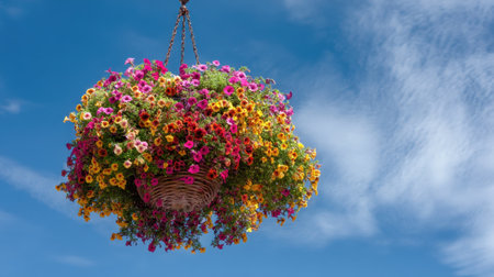 A stunning hanging basket filled with an array of colorful flowers, creating a beautiful contrast against a bright blue sky with fluffy clouds.の素材
