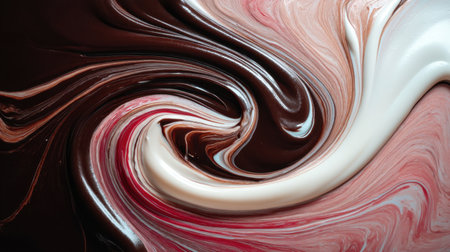 This captivating abstract image features a swirl of deep chocolate, creamy white, and elegant pink tones, creating a fluid, dynamic pattern for art and design.の素材