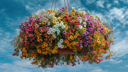 A stunning hanging flower basket filled with a riot of colorful blooms highlights the beauty of nature against a bright sky.の素材