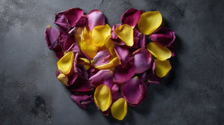 A creative heart shape formed from vibrant rose petals rests beautifully on a textured dark surface. Ideal for romantic themes and special occasions.の素材