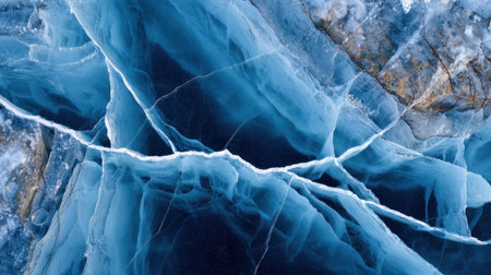 Discover the mesmerizing beauty of cracked blue ice formations on a frozen lake, showcasing intricate patterns and textures found in nature.の素材