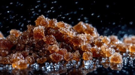 This stunning close-up showcases vibrant brown sugar crystals glistening under soft light, enhanced by water droplets creating a rich texture.の素材