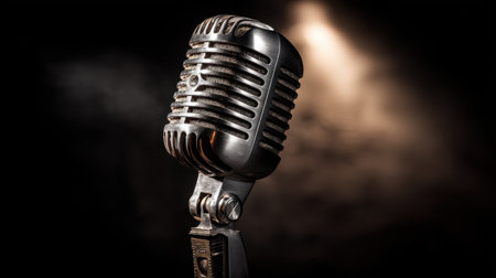 A vintage microphone stands tall against a dark, dramatic background, ideal for themes of music, performance, and audio creativity.の素材