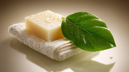 This captivating image features a bar of fresh soap resting on a soft towel, accompanied by a vibrant green leaf adorned with water droplets, evoking a sense of tranquility and wellness.の素材
