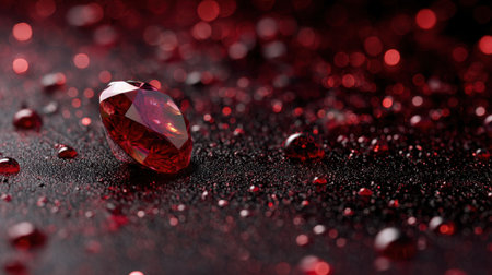 This stunning image features a brilliant red gemstone surrounded by glistening water droplets on a dark surface, creating a captivating and luxurious effect.の素材