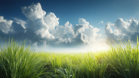 Breathtaking view of lush green grass under a bright blue sky filled with fluffy white clouds. This scenic landscape captures tranquility and peace in nature.の素材