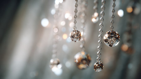 This close-up image captures the beauty of sparkling crystal chandelier pendants, reflecting light in a soft focus background, ideal for luxury and elegance.の素材