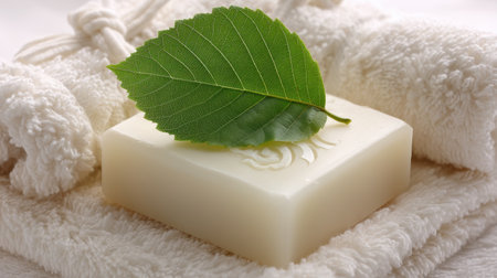 A soothing image featuring a natural soap bar adorned with a vibrant leaf resting on a soft towel, creating a serene spa atmosphere perfect for relaxation and self-care.の素材