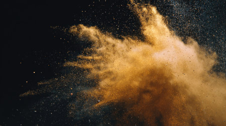 Experience a stunning explosion of gold dust set against a dark backdrop, creating a mesmerizing abstract art piece filled with energy and elegance.の素材