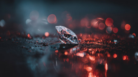 A stunning close-up of a crystal diamond resting on a dark surface, highlighted by vibrant red and blue bokeh lights, creating an enchanting atmosphere.の素材