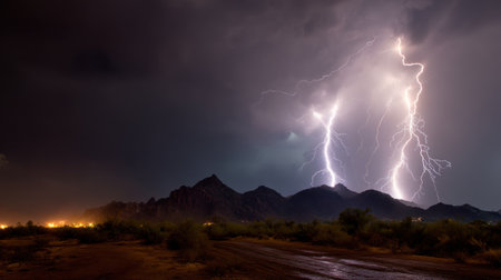 A stunning display of lightning strikes illuminating the night sky over a rugged mountain landscape during the monsoon season.の素材
