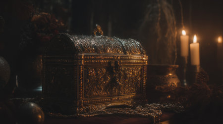 A visually captivating antique treasure chest adorned with intricate designs and warm candlelight creates an enchanting and mysterious atmosphere.の素材