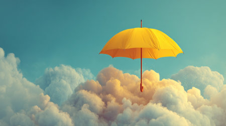 A bright yellow umbrella gracefully floats above soft white clouds under a clear blue sky, creating a surreal and dreamlike atmosphere perfect for inspiring creativity.の素材