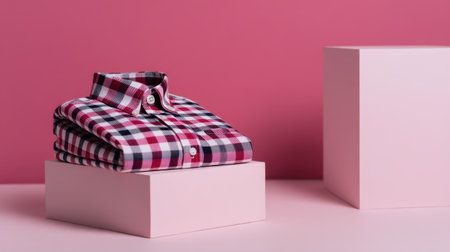 A neatly folded plaid shirt showcased on minimalist pink blocks. Ideal for fashion promotions, clothing catalogs, or stylish displays.の素材