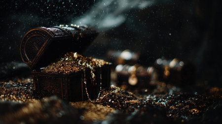 A captivating ancient treasure chest brimming with gold coins and exquisite jewels, set against a dark backdrop, creates an enchanting ambiance.の素材
