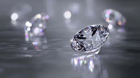 Blurring the lines between reality and elegance, this image highlights stunning cut diamonds, glimmering gracefully on a reflective surface.の素材