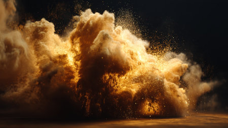 A captivating explosion of golden dust against a dark background creates a dynamic and powerful visual experience that captures energy and beauty.の素材