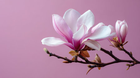 A stunning close-up of a magnolia flower branch showcases soft pink petals against a gentle lavender background, illustrating nature's exquisite beauty.の素材