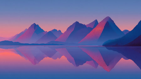 Experience the breathtaking beauty of a tranquil landscape showcasing majestic mountains reflecting in calm water at sunrise, a perfect nature escape.の素材